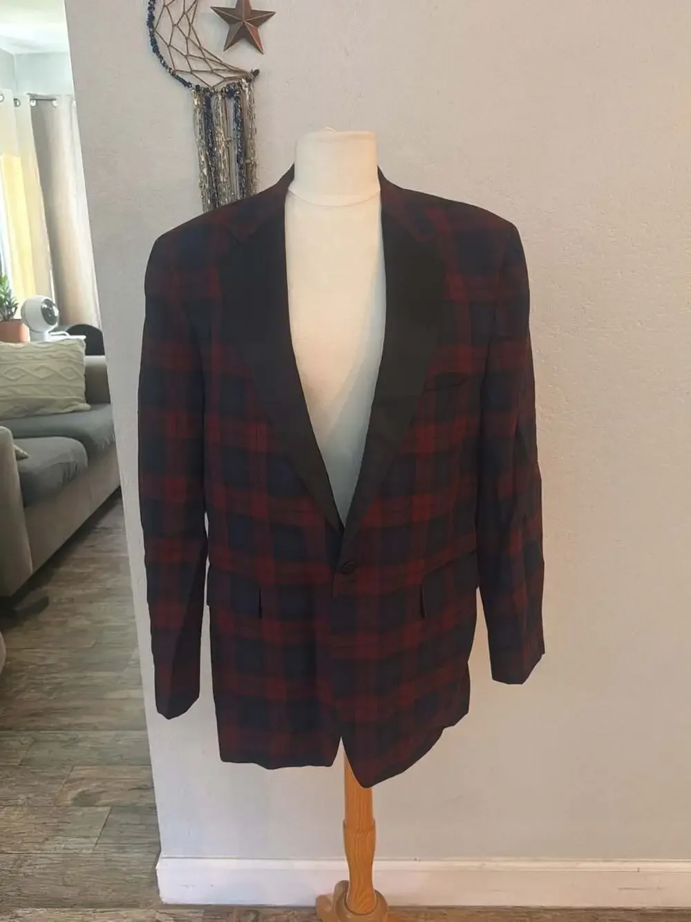 Nordstrom Plaid Tuxedo Dinner Jacket Burgundy Black Satin Shawl Collar